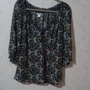 Old Navy Blue and White Ruched 3/4 Sleeve Blouse